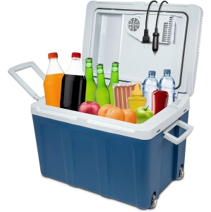 Ivation Electric Cooler & Warmer with Wheels |48 Quart (45 L) Portable Thermoelectric Fridge| Includes Carry Handle, 110V AC Home Power Cord & 12V Car Adapter Great for Camping, Travel & Picnics