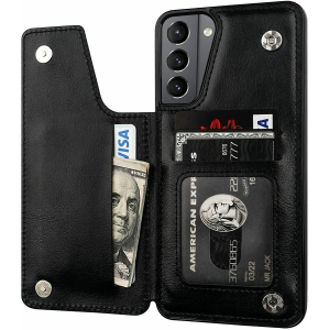 Leather Flip Wallet Case Card Holder Phone Back Cover for Samsung Galaxy S21 (Black) - Free Shipping