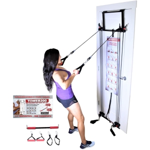 Tower 200 Complete Door Gym Full Body Workout, Home Gym Fitness Exercise System Total Body Strength Training, Includes Heavy Duty Resistance Bands, Straight Bar, 2x Hand Grips, 2x Ankles Straps, DVD