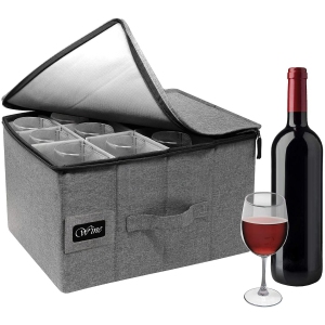 Sorbus Stemware Wine Glass Storage Hard Shell Box - Deluxe Padded Quilted Case with Dividers - Service for 12 - Great for Pr