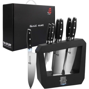 TUO Knife Block Set 7 Piece Kitchen Knife Set with Wooden Block, Chef Knife, Paring Knife Cooking Knife Pakkawood Handle - German HC Steel - Black Hawk Series with Gift Box