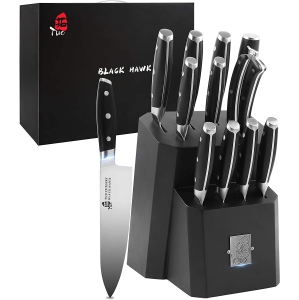 TUO Kitchen Knife Set - 12 Pcs Knife Set with Wooden Block - Premium Forged German Stainless Steel, Ergonomic Pakkawood Handle - Black Hawk Series with Gift Box