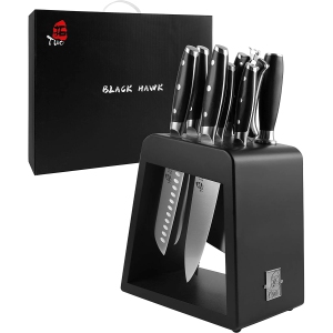 TUO Kitchen Knife Set - 10 Pieces Knife Set with Wooden Block - Premium Forged German Stainless Steel, Ergonomic Pakkawood Handle - Black Hawk Series with Gift Box