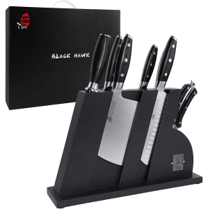 TUO Knife Set - 8 Pcs Kitchen Knife Set with Wooden Block - German HC Stainless Steel Chef Knife Set - Ergonomic Pakkawood Handle - Black Hawk Series with Gift Box