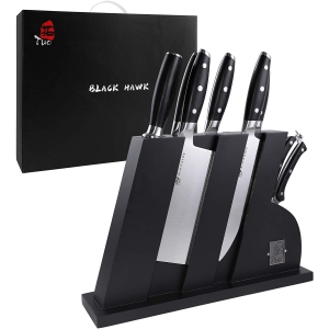 TUO Kitchen Knife Set - 8 Pcs Knife Set with Wooden Block, Honing Steel Shears Included - German HC Stainless Steel Knife Block Set - Ergonomic Pakkawood Handle - Black Hawk Series with Gift Box