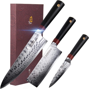 TUO Damascus Kitchen Knife Set of 3 Pieces: 8" Chef Knife, 6.5" Nakiri Knife, and 3.5" Paring Knife. Japanese AUS-10 High Carbon Stainless Steel, Full Tang G10 Handle - Gift Box