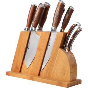 TUO Cutlery Knife Set with Wooden Block, Honing Steel and Shears-Forged HC German Steel X50CrMoV15 with Pakkawood Handle - Fiery Series 8pcs Knives Set