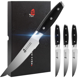 TUO Serrated Steak Knife - 5 inch Professional Kitchen Steak Knife Set 4 - Table Dinner Knife - German HC Stainless Steel Non Slip Pakkawood Handle - Black Hawk Series Including Gift Box