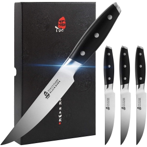 TUO Steak Knife - 5 inch Professional Kitchen Steak Knife Set 4 Table Dinner Knife - German HC Stainless Steel - Non Slip Pakkawood Handle - Black Hawk Series Including Gift Box