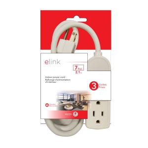 Elink EL-883 3 Outlet Grounded Interior Extension Power Bar 7Ft White