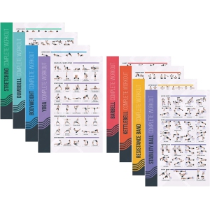FitMate 8 Pack Workout Exercise Poster Bundle - Dumbbell, Barbell, Bodyweight, Yoga, Stretching, Stability Ball, Resistance Bands, Kettlebell | Home Gym Decor, Room Guide (16.5 x 25 Inch)