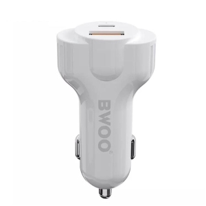 BWOO - Car Charger with 1 USB Port and 1 Type-C, DC 12-24V, 5V 2.4A Output, Flame Retardant Shell, White
