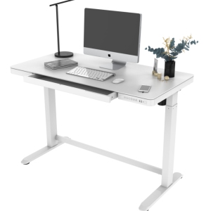 PrimeCables Bureau Électrique Réglable en Hauteur 48 x 24 po avec Plateau en Verre et Tiroir, Bureau Debout Tout-en-Un avec Port de Charge USB et Contrôleur de Mémoire