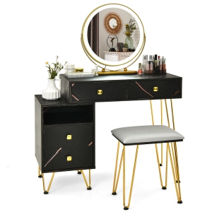 Costway Vanity Table Stool Set Dimmer LED Mirror Large Storage Cabinet Drawer