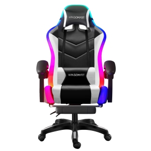 Wingomart Ergonomic High-Back Faux Leather Gaming Chair With RGB led light and Footrest Pu Leather High Back Adjustable Armrest Height Adjustable Swivel - Black & White