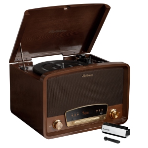 Electrohome Kingston Vintage Vinyl Record Player, Turntable Bluetooth Radio CD Aux USB Vinyl to MP3, Record Cleaning Kit