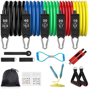 Resistance Bands Set 16Pcs Exercise Workout Bands Fitness for Elastique Entrainement with Handles, Skipping Rope, Wrist Wraps, 8-Shape Band, Door Anchor, Legs Ankle Straps, Home Workout Elastic Bands