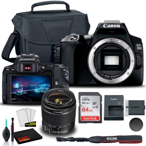 Canon EOS 250D / Rebel SL3 DSLR Camera with 18-55mm Lens (Black) (3453C002) + EOS Bag + Sandisk Ultra 64GB Card + Cleaning Set And More (International Model)