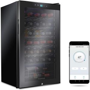 Ivation 34 Bottle Compressor Wine Cooler Refrigerator with Wi-Fi Smart App Control Cooling System | Large Freestanding Wine Cellar Fridge For Red White Champagne or Sparkling, Black Glass Door & Lock