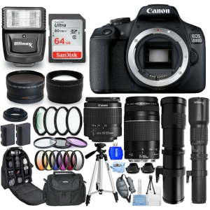 Canon EOS 2000D/Rebel T7 + 18-55mm + 75-300mm + 500mm + 420-800mm Lenses - Bundle Includes: Extra Battery, Sandisk Ultra 64GB SD, Flash, Tripod, Telephoto and Wide Angle Lenses and Much More