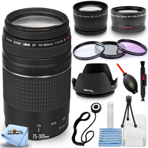 Canon EF 75-300mm f/4-5.6 III Lens (Black) 6473A003 - Pro Bundle Includes: Telephoto and Wide Angle Lenses, Tulip Hood Lens, Filter Kit, Lens Cap Keeper and More