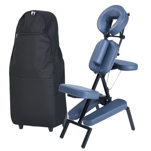 Master Massage Professional Lightweight Portable Folding Massage Chair – Adjustable Aluminum Chair with Wheeled Carrying Case – Ideal for Spa, Salon, and Tattoo Use – Blue