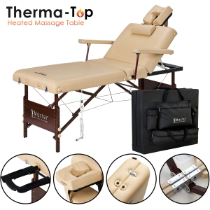 Master Massage 30" Del Ray Beauty Salon Lash Bed with Therma Top-Heated Portable Massage Table Package-Wooden Tattoo Table with 3 Section Tilting Backrest and Memory Foam (Beige)