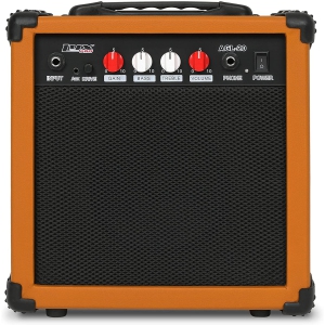 LyxPro Electric Guitar Amp 20 Watt Amplifier Built in Speaker Headphone Jack and Aux Input Includes Gain Bass Treble Volume and Grind - Mahogany
