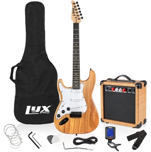 LyxPro Left Hand 39 Inch Electric Guitar and Starter Kit for Lefty Full Size Beginner’s Guitar, Amp, Six Strings, Two Picks, Shoulder Strap, Digital Clip On Tuner, Guitar Cable and Soft Case - Natural