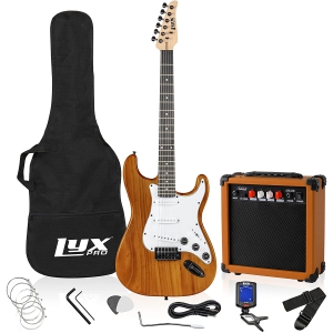 LyxPro 39 inch Electric Guitar Kit Bundle with 20w Amplifier, All Accessories, Digital Clip On Tuner, Six Strings, Two Picks, Tremolo Bar, Shoulder Strap, Case Bag Starter kit Full Size - mahogany