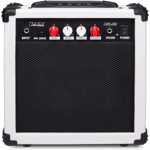 LyxPro Electric Guitar Amp 20 Watt Amplifier Built In Speaker Headphone Jack And Aux Input Includes Gain Bass Treble Volume And Grind - White