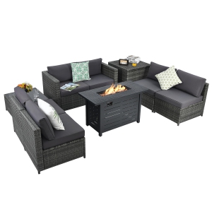 Patiojoy 9 PCS Rattan Dinning Set Wicker Sofa w/Propane Gas Fire Pit 60,000 Btu Heater