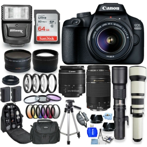 Canon EOS 4000D / Rebel T100 18-55mm + 75-300mm + 500mm + 650-1300mm 64GB Bundle