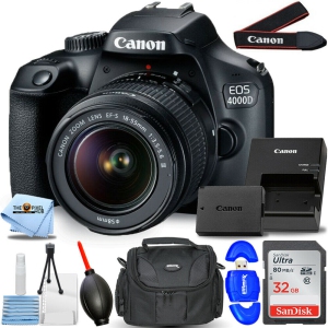 Canon EOS 4000D / Rebel T100 with EF-S 18-55mm III Lens - 7PC Accessory Bundle Includes: Sandisk Ultra 32GB SD, Memory Card Reader, Gadget Bag, Blower. Microfiber Cloth and Cleaning Kit