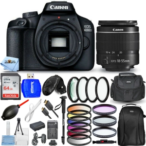Canon EOS 4000D / Rebel T100 with EF-S 18-55mm III Lens + 32GB + Flash + Tripod Bundle