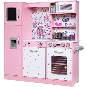 Jumbl Kitchen Set, Pretend Wooden Play Kitchen, Realistic Design, Interactive Battery Operated Sound Elements, Includes Microwave, Ice Machine, Chalkboard, Stovetop, Fridge, Oven, Sink & Accessories