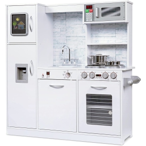 Jumbl Kitchen Set, Pretend Wooden Play Kitchen, Realistic Design, Interactive Battery Operated Sound Elements, Includes Microwave, Ice Machine, Chalkboard, Stovetop, Fridge, Oven, Sink & Accessories