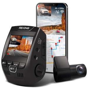 Rexing V1PGW-4K 2.4" LCD Dual Channel Car Dash Cam 2160p Front + 1080p Rear w/ Built-In GPS and Wi-Fi