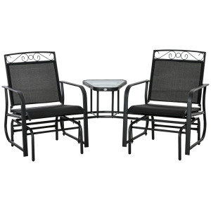 Outsunny Outdoor Glider Bench with Coffee Table, Patio 2-Seat Rocking Chair Swing Loveseat with Breathable Sling for Backyard Garden Porch, Black