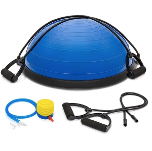 Balance Ball Balance Trainer, 23" Half Ball with 2 Resistance Bands, Half Yoga Exercise Ball Yoga Strength Exercise Fitness Platform, Stability Ball Core Training Home Workout with Bonus Foot Pump