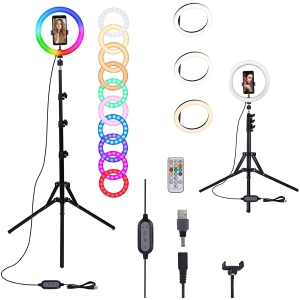 10.2 inch Selfie Ring Light - 16 Colors RGB Ring Light Adjustable Tripod Stand/Phone Holder 19 Brightness Levels Dimmable LED Ring Light for Make up,YouTube, Photography