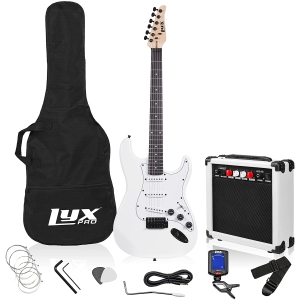 LyxPro 39 inch Electric Guitar Kit Bundle with 20w Amplifier, All Accessories, Digital Clip On Tuner, Six Strings, Two Picks, Tremolo Bar, Shoulder Strap, Case Bag Starter kit Full Size - White