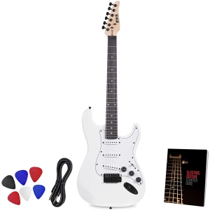 LyxPro CS 39” Electric Guitar Kit for Beginner, Intermediate & Pro Players with Guitar, Amp Cable, 6 Picks & Learner’s Guide | Solid Wood Body, Volume/Tone Controls, 5-Way Pickup - White