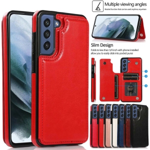 Merlin Leather Flip Wallet Case Card Holder Phone Back Cover for Samsung Galaxy S21 FE (Red) - Free Shipping