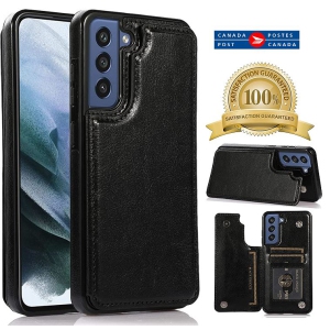 Merlin Leather Flip Wallet Case Card Holder Phone Back Cover for Samsung Galaxy S21 FE (Black) - Free Shipping