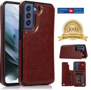 Merlin Leather Flip Wallet Case Card Holder Phone Back Cover for Samsung Galaxy S21 FE (Brown) - Free Shipping