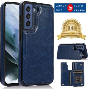 Merlin Leather Flip Wallet Case Card Holder Phone Back Cover for Samsung Galaxy S21 FE (Blue) - Free Shipping