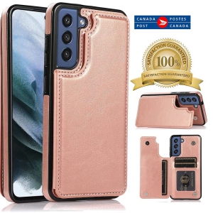 Merlin Leather Flip Wallet Case Card Holder Phone Back Cover for Samsung Galaxy S21 FE (Rose Gold) - Free Shipping