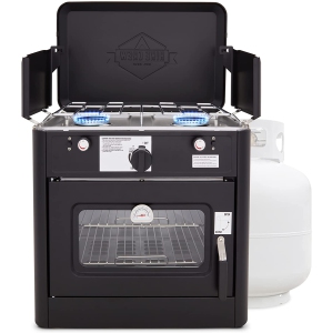 Hike Crew Outdoor Gas Camping Oven w/Carry Bag | 2-in-1 Portable Propane-Powered Stovetop & Oven w/ 2-Burner Cooktop Range, Auto Ignition, Overheat Safety Shutoff, Built-In Thermometer, Hose Regulator