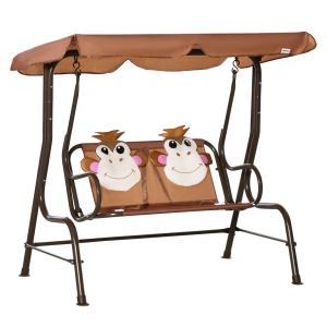 Outsunny 2-Seat Kids Patio Swing Chair, Children Outdoor Patio Lounge Chair, for Garden Porch, with Adjustable Canopy, Seat Belt, Monkey Pattern, for 3-6 Years Old, Coffee